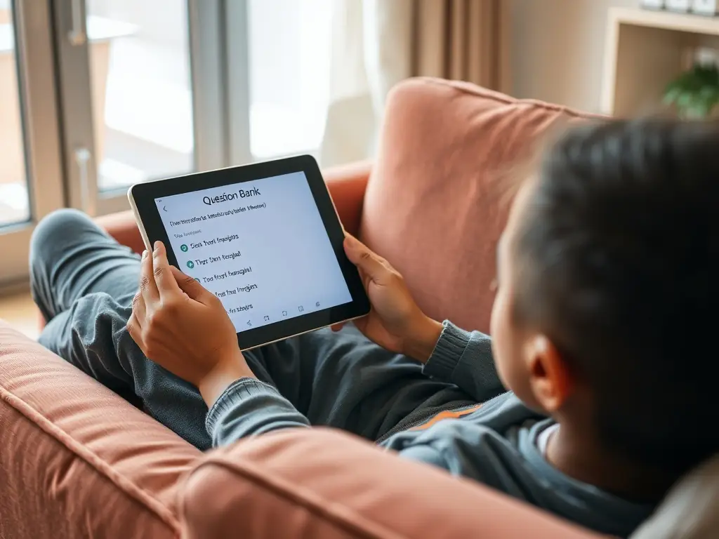 A person thoughtfully answering a multiple-choice question on a digital tablet, with a book subtly visible in the background, symbolizing the blend of traditional reading and modern assessment.
