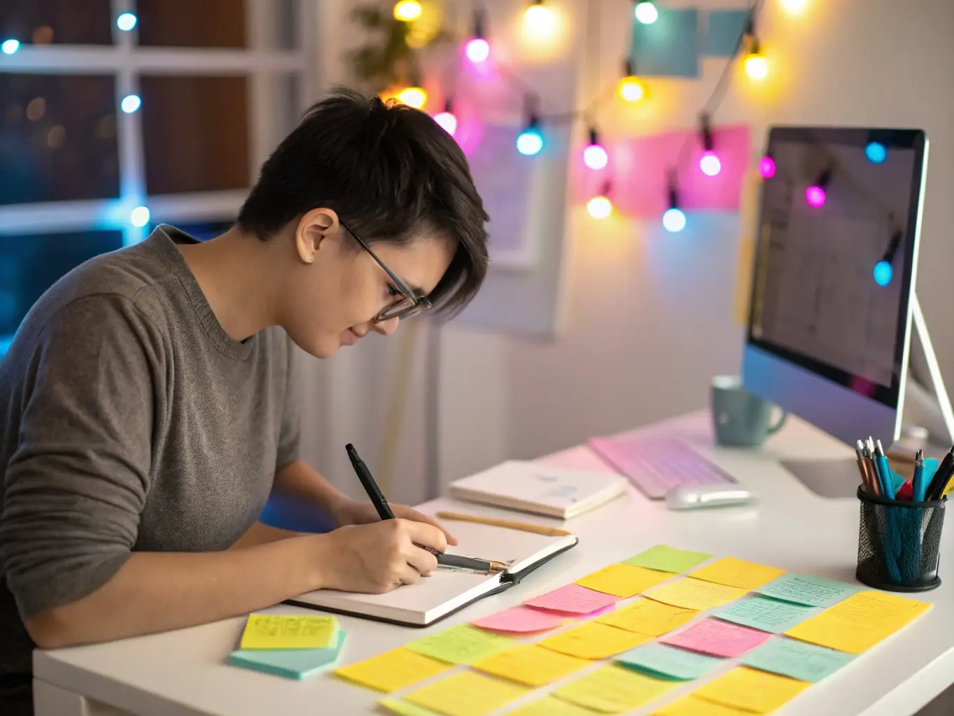 A person writing an answer to an open-ended question, with a blurred background showing a bookshelf, representing the analytical and expressive skills required.